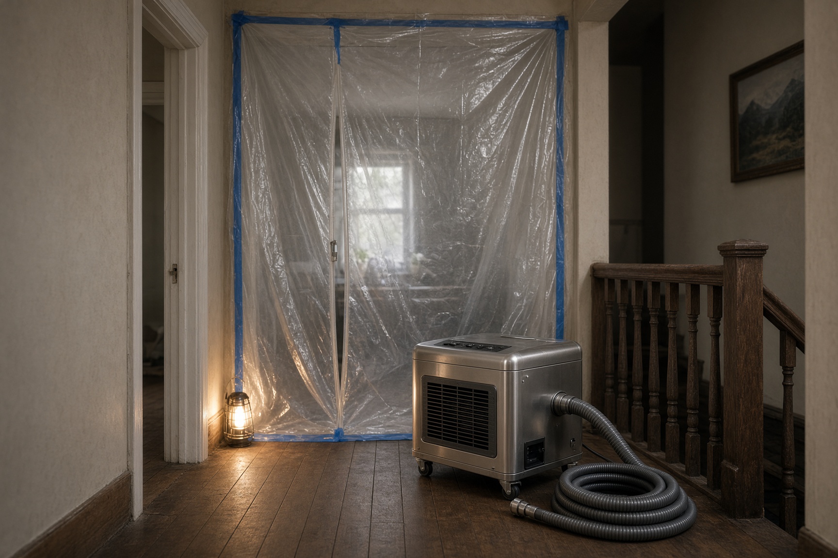 Poly sheeting and a HEPA air scrubber seal a hallway before cleanup.