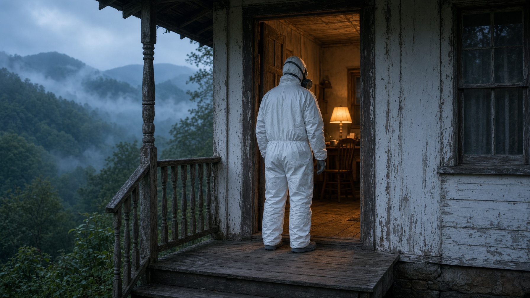 A suited technician stands on a mountain-home porch at dusk, looking into a lit room.
