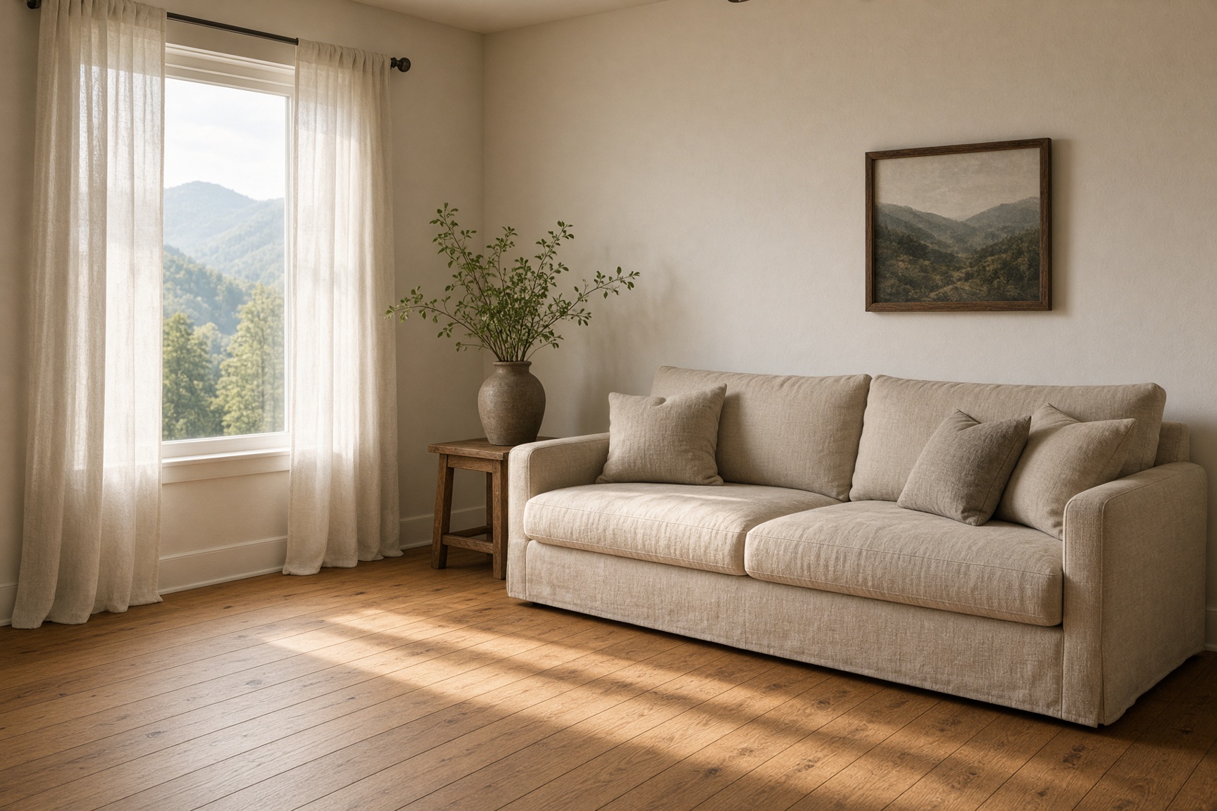 A calm living room with morning light after a room has been restored.